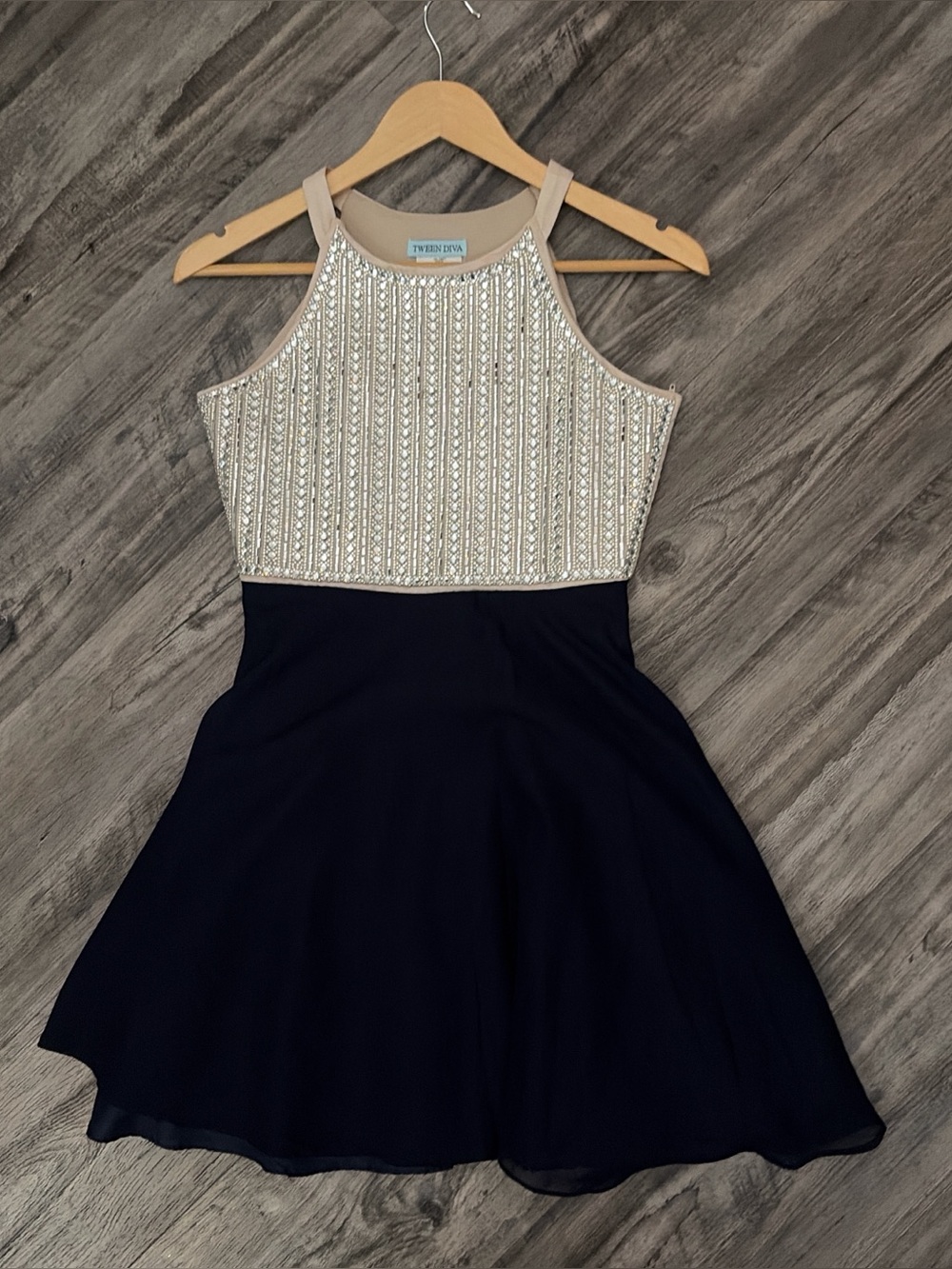 Embellished Ivory & Black Fit-and-Flare Dress
